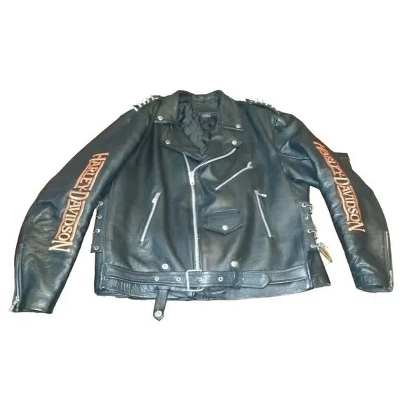 Harley Davidson Leather Jacket Sz XL Full Zip Black Spikes
